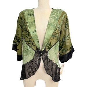 Spencer Alexis Green Silk Blend Burnout Velvet Lace Kimono Jacket Large NWT